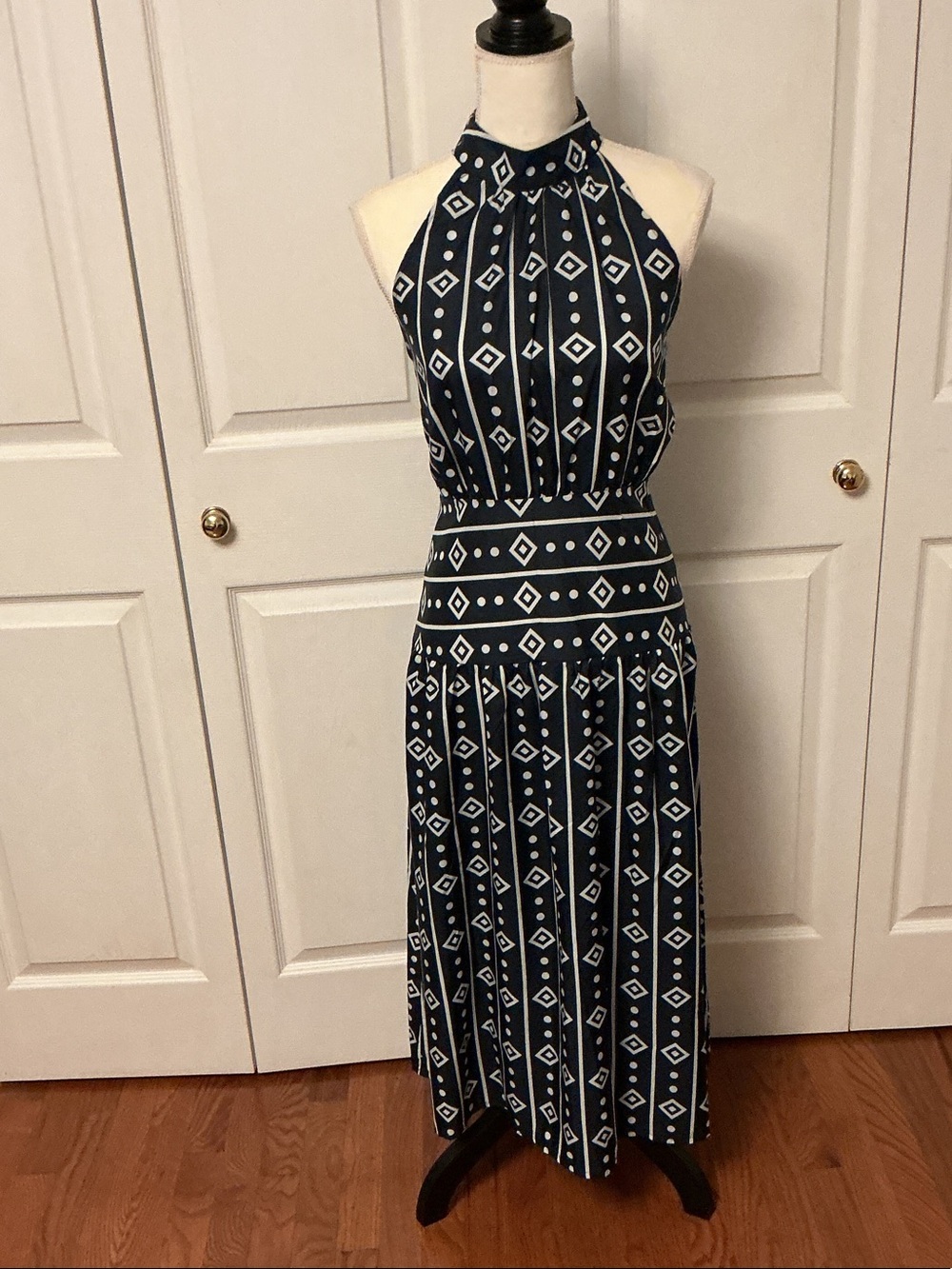 Navy Geometric Halter Maxi Dress - Women